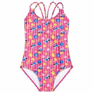 Girls' Pink Tropical Bird Print One-Piece Swimsuit